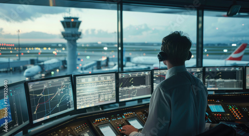 A group of air traffic controllers fix data on computer screens in an airport control tower, surrounded by modern technology and flight fortresses in the background