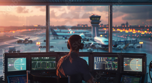 A group of air traffic controllers fix data on computer screens in an airport control tower, surrounded by modern technology and flight fortresses in the background