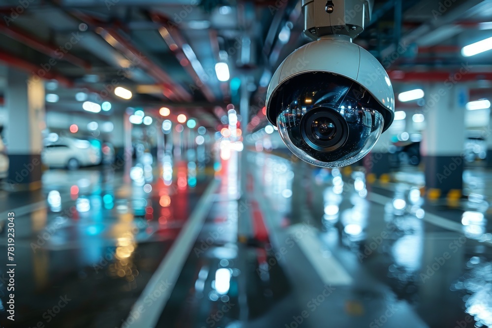 Obraz premium CCTV camera installed on an underground car parking, selective focus