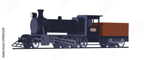 Vintage steam locomotive. Old 19th century train, classic retro railroad transport. Historical ancient victorian railway vehicle of 1900. Flat vector illustration isolated on white background