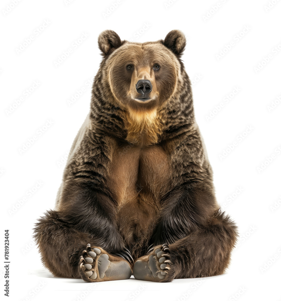 Fototapeta premium Frontal image of sitting brown bear on white