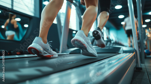 Close-up of athletic shoes in action on a treadmill in a modern gym, capturing the energy of a workout. photo