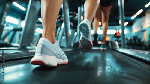 Close-up of athletic shoes in action on a treadmill in a modern gym, capturing the energy of a workout.