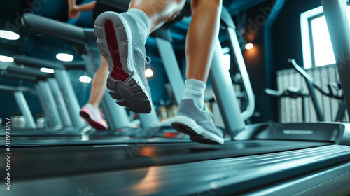 Close-up of athletic shoes in action on a treadmill in a modern gym photo
