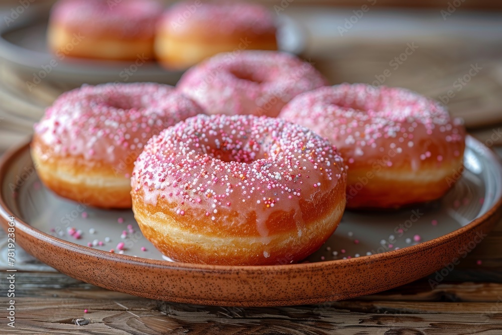 Freshly baked pink glazed donuts with colorful sprinkles served on a rustic brown plate on a wooden table