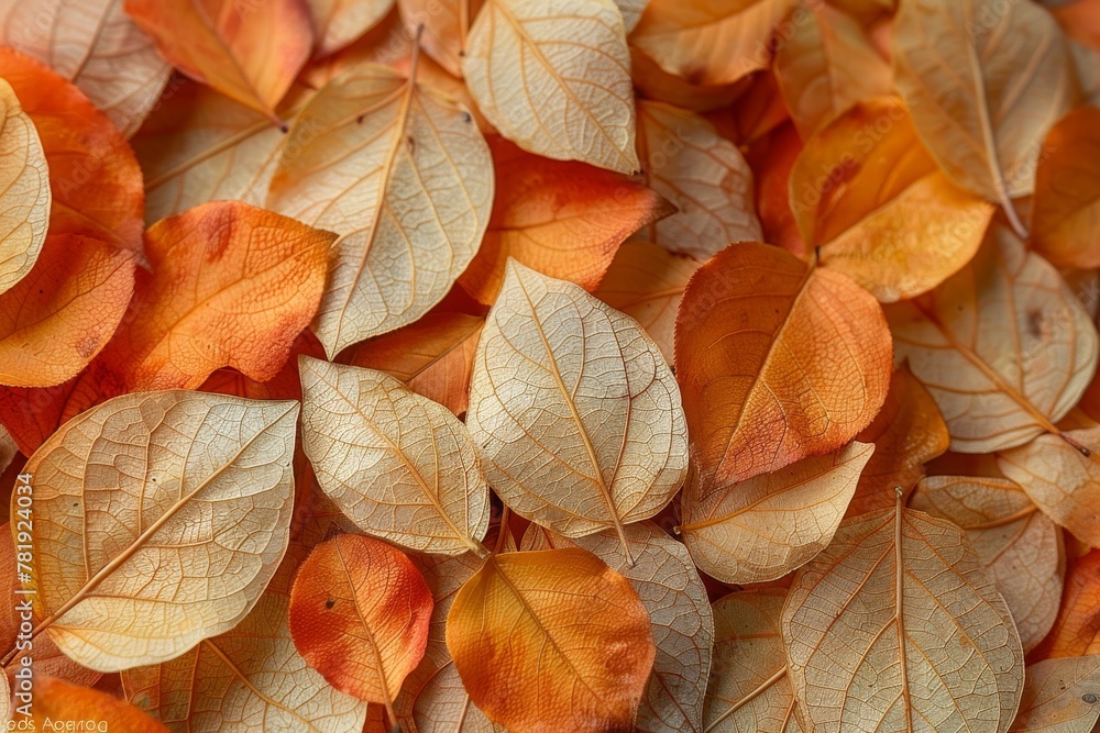A close-up of a cluster of autumn leaves showcases the intricate patterns and tones of fall's natural beauty