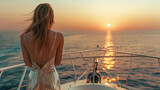 Young beautiful slender woman in a dress on the deck of a luxury yacht on the open sea against the backdrop of sunset