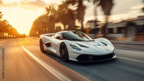 Autobahn Elegance: A White Supercar Merges Power and Grace in a Motion Blur photo