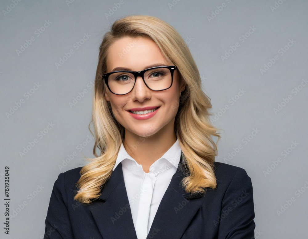 Smiling business woman blonde glasses smiling businesswoman isolated on gray background Smiling business woman blonde glasses smiling businesswoman isolated on gray background