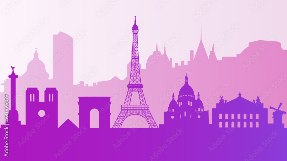 Background with top Paris attractions. Silhouette of famous sights. Vector illustration