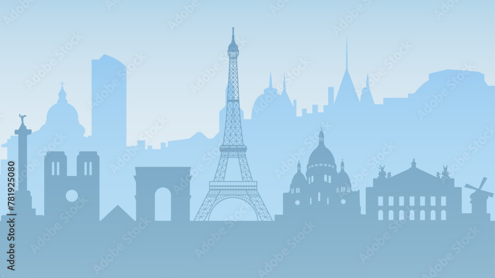 Silhouette of top Paris attractions. Light background with famous sights. Vector illustration