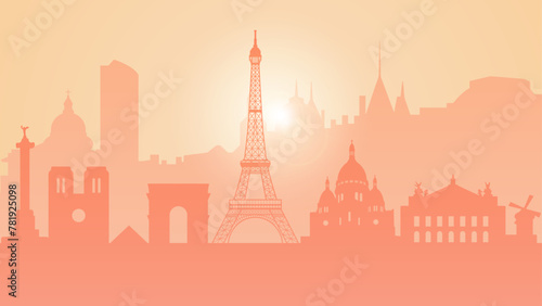 Background with top Paris attractions. Silhouettes of famous places at sunrise. Vector illustration