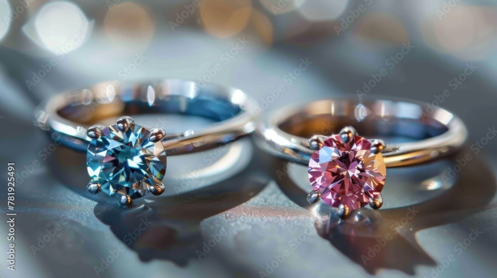 Fototapeta premium Close-Up of Two Gemstone Rings on a Reflective Surface
