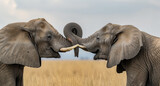Two elephants touch their trunks and heads together, showing affection in the wild