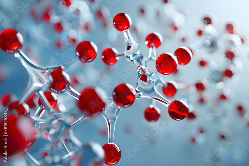 3D botulinum toxin structure material is glass with an red sphere on a blue background. Concept template of scientific research, microcosm, botulinum molecules, molecular binding.