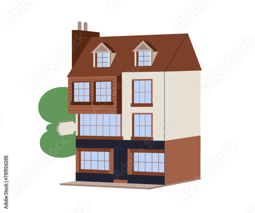 Old European architecture, house exterior. Vintage Victorian building facade....