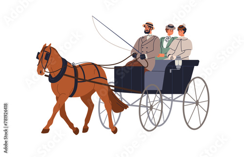 Vintage horse carriage. Coachman and ladies in 19th century chariot, old historic victorian transport. 18th cart cab, stallion and coach. Flat vector illustration isolated on white background