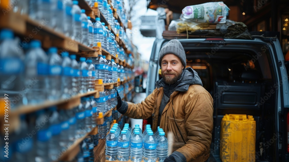 A bearded delivery man in winter attire stands by an open cargo van, distributing bottled water on a busy city street.
