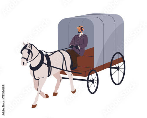 Vintage horse cart. Historic transport, old vehicle of 19th century. Coachman driving stallion. Coach victorian carriage transportation. Flat vector illustration isolated on white background