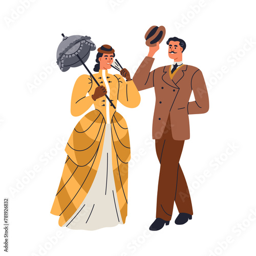 18th century couple. Noble man and woman, aristocrats of 19th. Gentleman in hat, costume and lady with umbrella and dress in Victorian style. Flat vector illustration isolated on white background