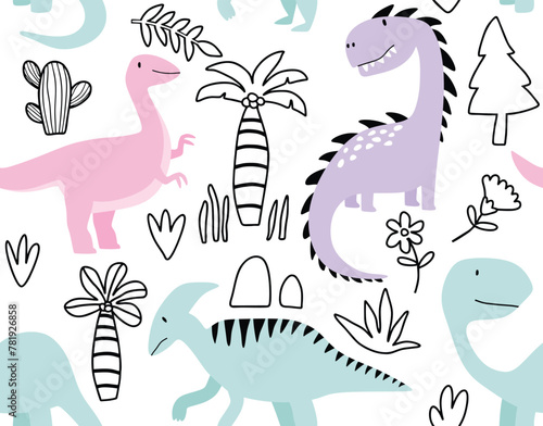 Cute dinosaur cartoon seamless pattern.  © dwi