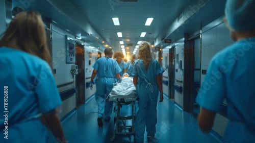 Medical team in scrubs urgently transporting a patient on a stretcher through the brightly lit corridor of a hospital. photo