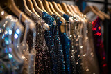 Luxurious evening dresses in sequins on hangers in the fitting room. 