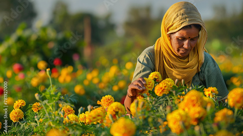 An indian woman farmer working in a field of yellow marigold flowers. photo