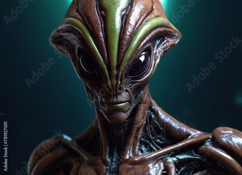 Portrait of an alien in green color. A space alien from other planets. Extraterrestrial civilization. UFOs photo