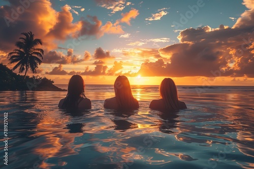 The silhouette of three people in the water, enjoying the magnificent view of a palm tree and the sunset in a serene setting © Larisa AI
