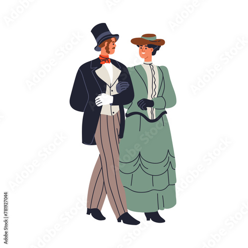 19th century aristocrat couple. Noble man and woman strolling, walking. Elegant gentleman and lady in historic victorian vintage dress and suit. Flat vector illustration isolated on white background