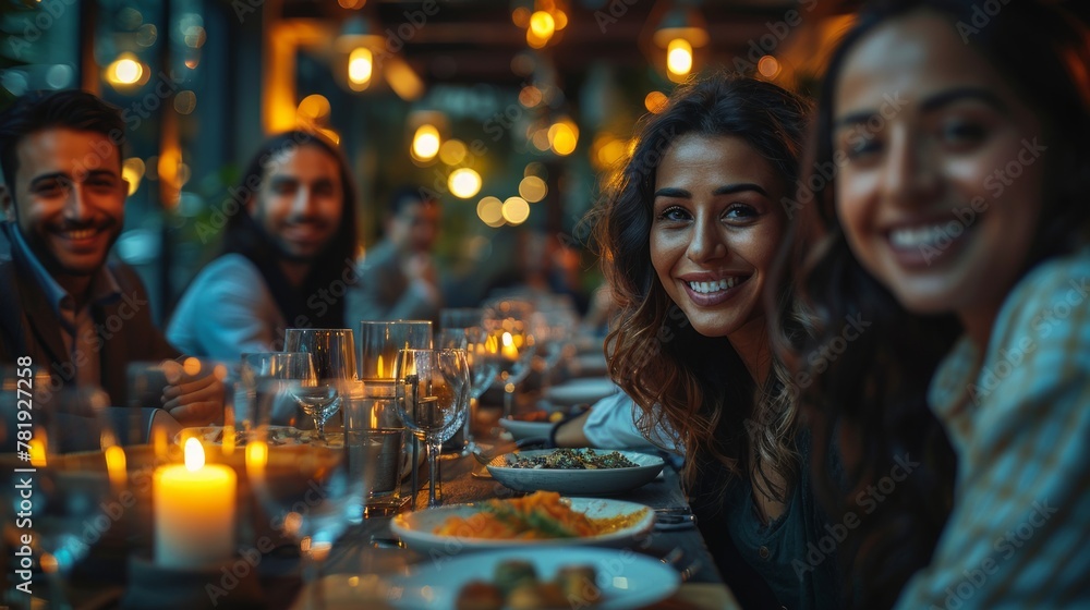 A group of smiling friends gather around a dinner table at a cozy, well-lit restaurant, enjoying a meal and good company. A group of smiling friends gather around a dinner table at a cozy, well-lit restaurant, enjoying a meal and good company.