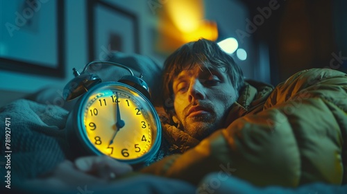 Exhausted adult man waking up and turning off his alarm clock with a look of frustration and sleepiness in a dark bedroom. photo