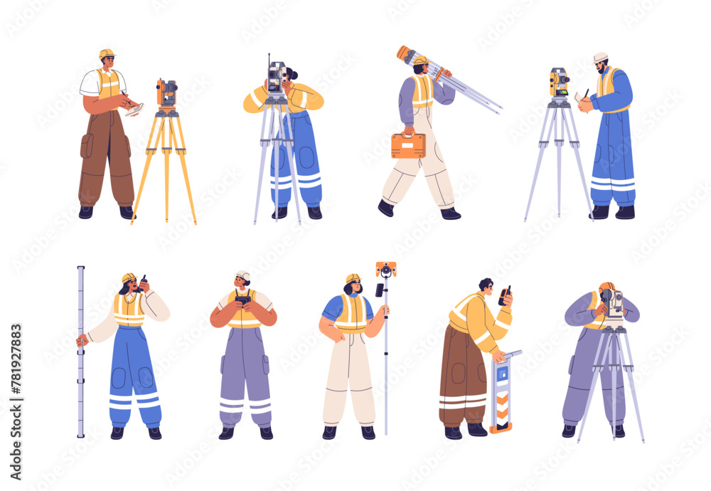 Naklejka premium Surveyor engineers with geodetic surveying equipment set. Geodesy workers with topographic survey tools and measurement devices, theodolite. Flat vector illustration isolated on white background