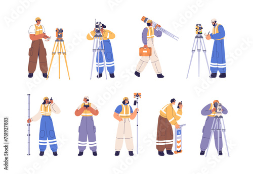 Surveyor engineers with geodetic surveying equipment set. Geodesy workers with topographic survey tools and measurement devices, theodolite. Flat vector illustration isolated on white background