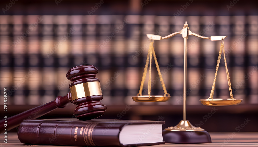 Wooden Gavel With Golden Scale On Table with law books at the background Wooden Gavel With Golden Scale On Table with law books at the background