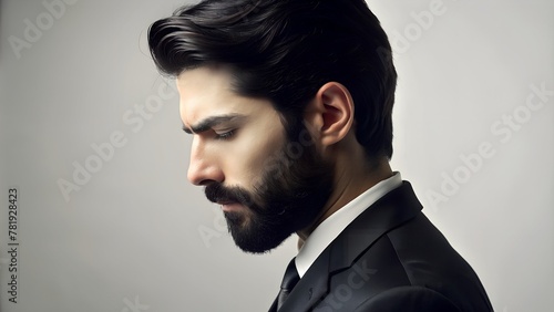 A man with a full beard and neatly styled hair appears contemplative, gazing downward. He is dressed in a classic black suit and tie, presenting a formal appearance. The light background offers a star