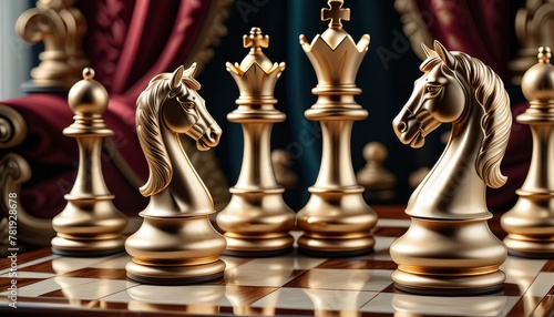 Opulent golden chess pieces on a reflective checkered board, highlighting the horses and royalty with a regal backdrop. AI Generation