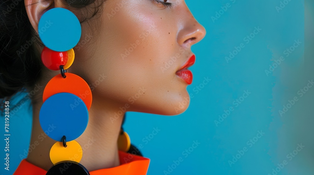 Close-Up of Woman With Colorful Earrings Against Blue Background