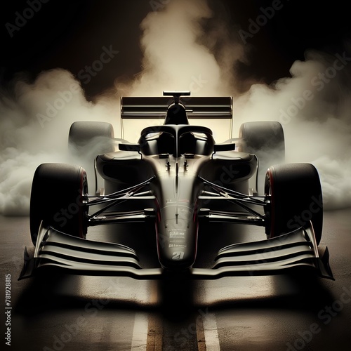 Modern Formula Bolid car ready to race on black background in smoke.