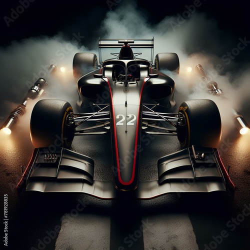 Modern Formula Bolid car ready to race on black background in smoke.