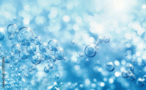 Blue transparent water bubbles molecules and atoms