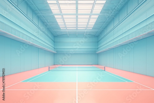 A pastel blue and pink badminton court with a simple background 