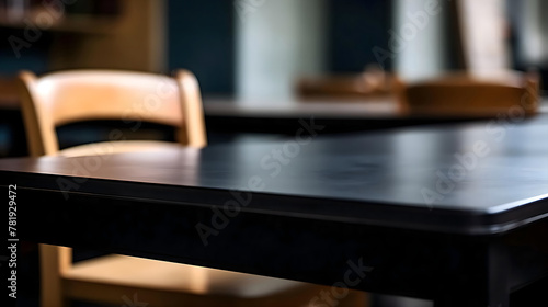 Empty wooden school chair against a black chalkboard in school.