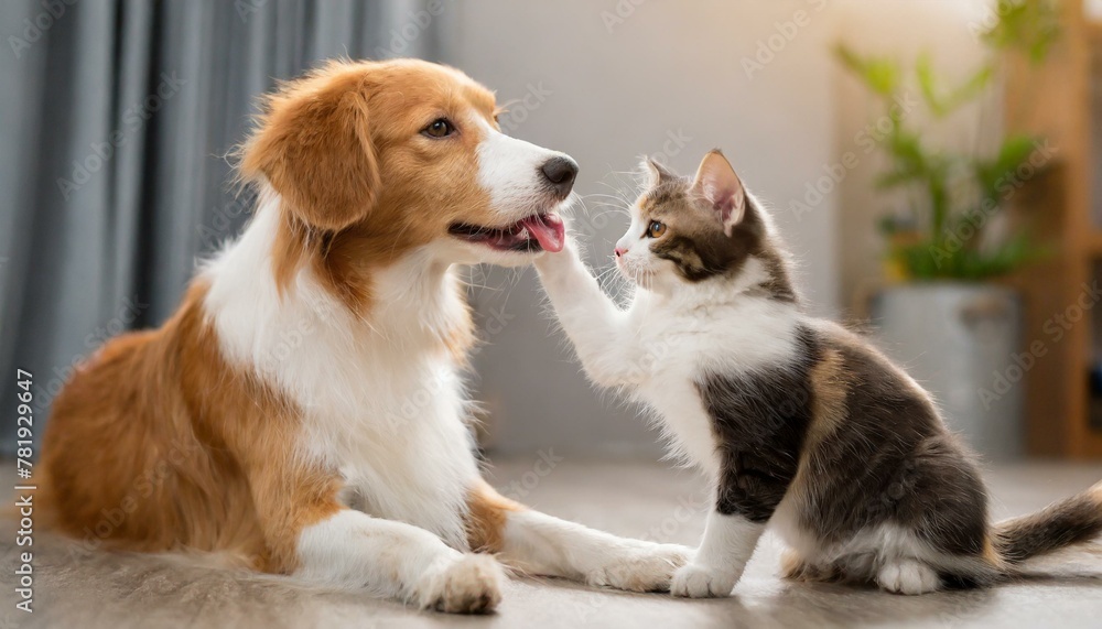 A cat and a dog playing with each other.
