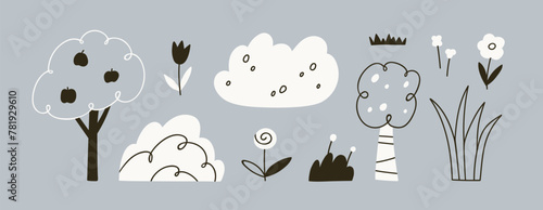 Trees, flowers, shrubs, leaf plants set in cute doodle Scandinavian style. Na...