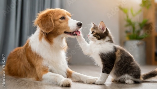 A cat and a dog playing with each other. © saurav005