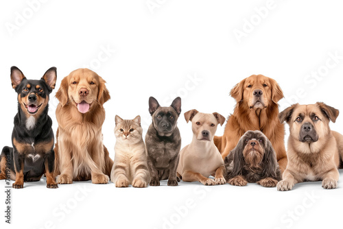 Group of pets isolated, Adorable Group of Puppies and Dogs, Various Breeds, Sitting Together on White Background.