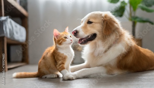 A cat and a dog playing with each other. 