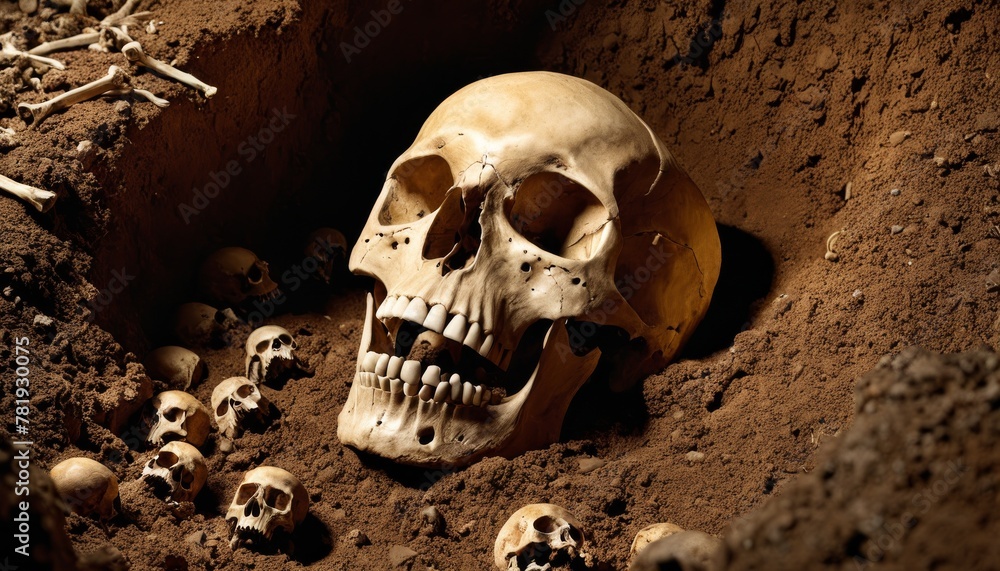 A chilling archaeological dig reveals multiple human skulls and bones buried in the earth, highlighting historical mysteries. AI Generation A chilling archaeological dig reveals multiple human skulls and bones buried in the earth, highlighting historical mysteries. AI Generation